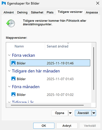 Återställ borttagna filer med tidigare versioner