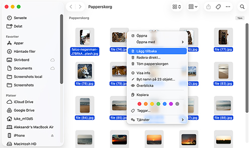 Återställ borttagna filer på en Mac från papperskorgen
