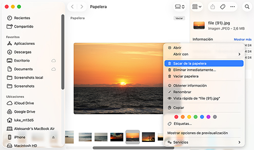 Recuperar archivos eliminados en Mac desde la Papelera mediante la opción "Volver a colocar"