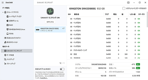 S.M.A.R.T.データを読み取り、不良ドライブを検出する