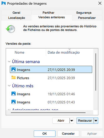 Restaurar arquivos excluídos usando versões anteriores