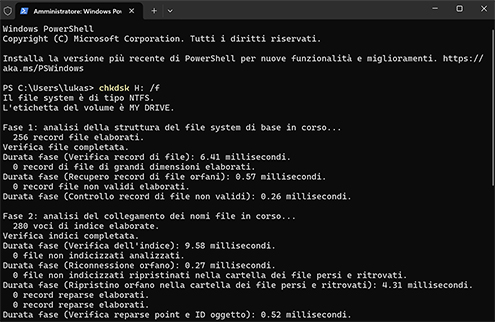 Ripara il file system eseguendo CHKDSK