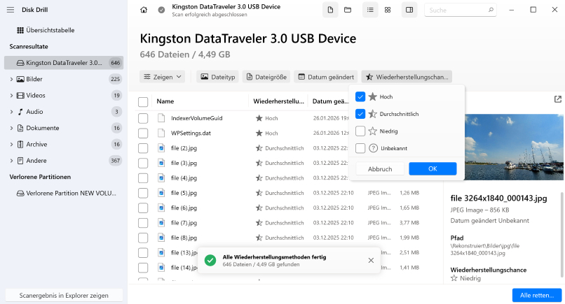 Schätzung der Datenwiederherstellungschancen Wiederherstellungschancen mit Disk Drill für Windows abschätzen