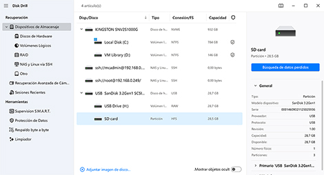 Elija la tarjeta SD y el método de recuperación que necesita