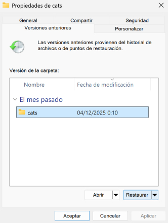 Restaurar archivos eliminados de la Papelera de reciclaje con versiones anteriores