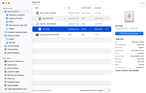 Starten Sie Disk Drill und wählen Sie die SD-Karte aus Starten Sie Disk Drill und wählen Sie die SD-Karte aus