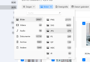 Verwenden Sie Filter, um schneller zu suchen oder einen bestimmten Dateityp auszuwählen. Verwenden Sie Filter, um schneller zu suchen oder einen bestimmten Dateityp auszuwählen.