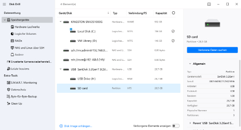 Wählen Sie die SD-Karte und die gewünschte Wiederherstellungsmethode aus