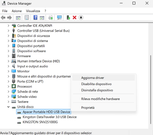 Aggiorna i driver del disco rigido Aggiorna i driver del disco rigido