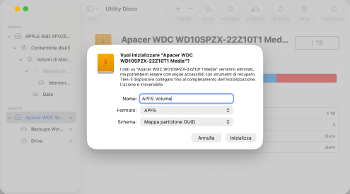 Formatta l'unità con il file system APFS Formatta l'unità con il file system APFS