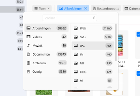 Gebruik filters voor een snellere zoekopdracht of om een specifiek bestandstype te selecteren