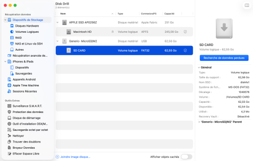 Lancez Disk Drill et choisissez la carte SD Lancez Disk Drill et choisissez la carte SD