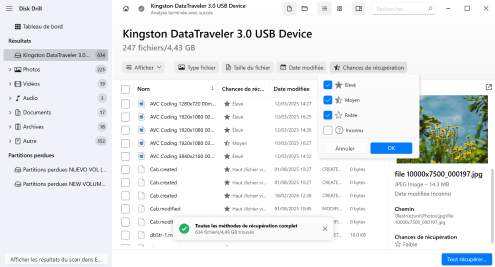 estimer les chances de récupération des photos avec Disk Drill