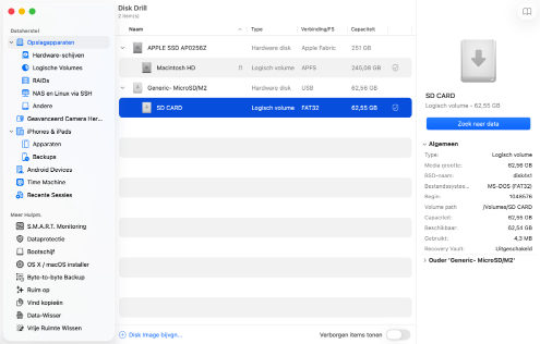 Start Disk Drill en kies de SD-kaart