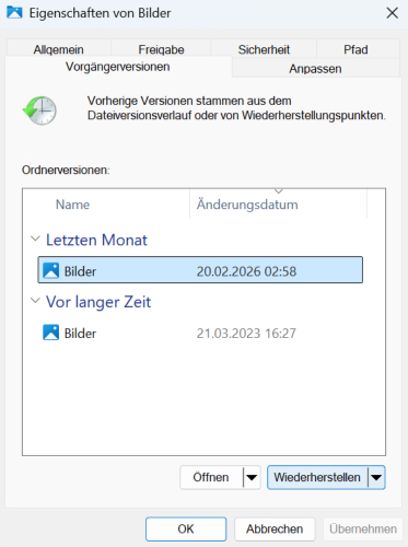 Gelöschte Dateien mithilfe vorheriger Versionen wiederherstellen