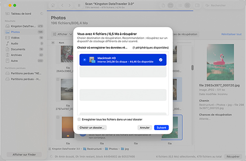 Effectuer la récupération avec les éléments sélectionnés