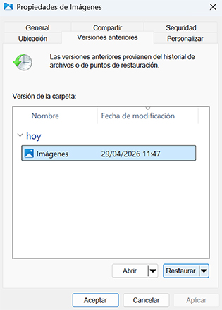 Restaurar archivos eliminados usando versiones anteriores