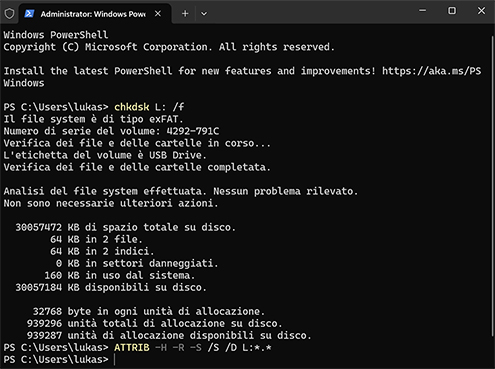 Ripristinare file eliminati da un'unità USB usando CMD