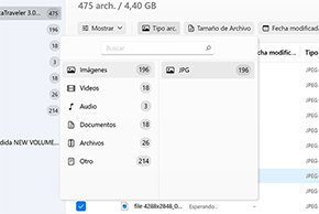 Utilice filtros para una búsqueda más rápida o para seleccionar un tipo de archivo específico