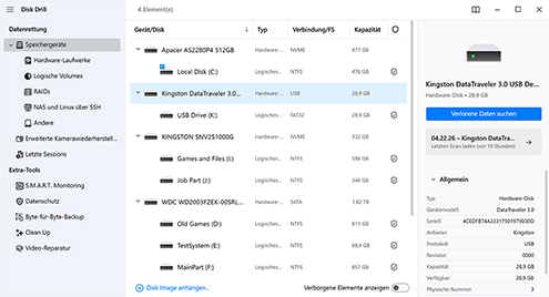 Wähle den Ort aus und beginne mit dem Scannen nach verlorenen Bildern