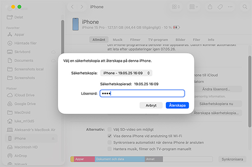 Återställ dina textmeddelanden från en Finder- eller iTunes-säkerhetskopia