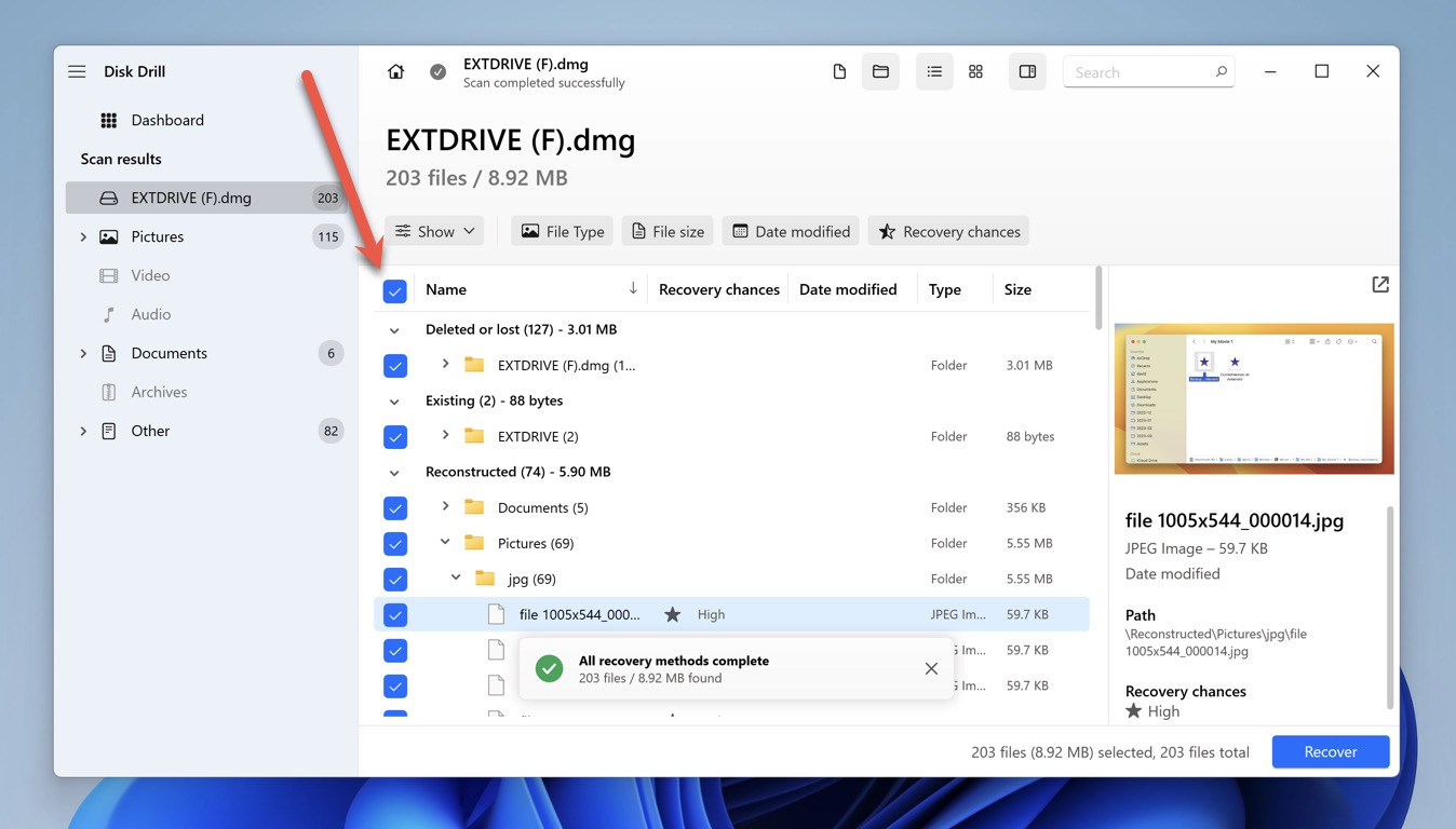 disk drill ext drive image files selected