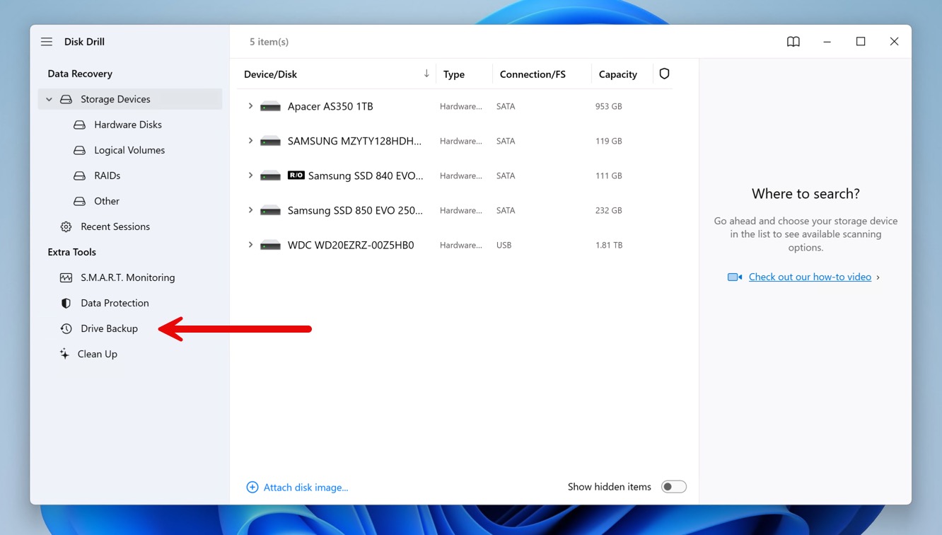 drive backup feature in disk drill for windows